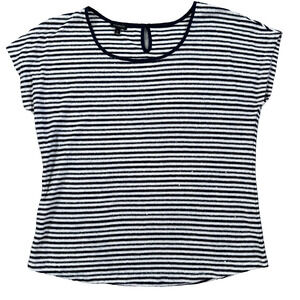 Talbots Striped Sequin Linen Blend Top Women's Large Navy Blue Cap Sleeve
